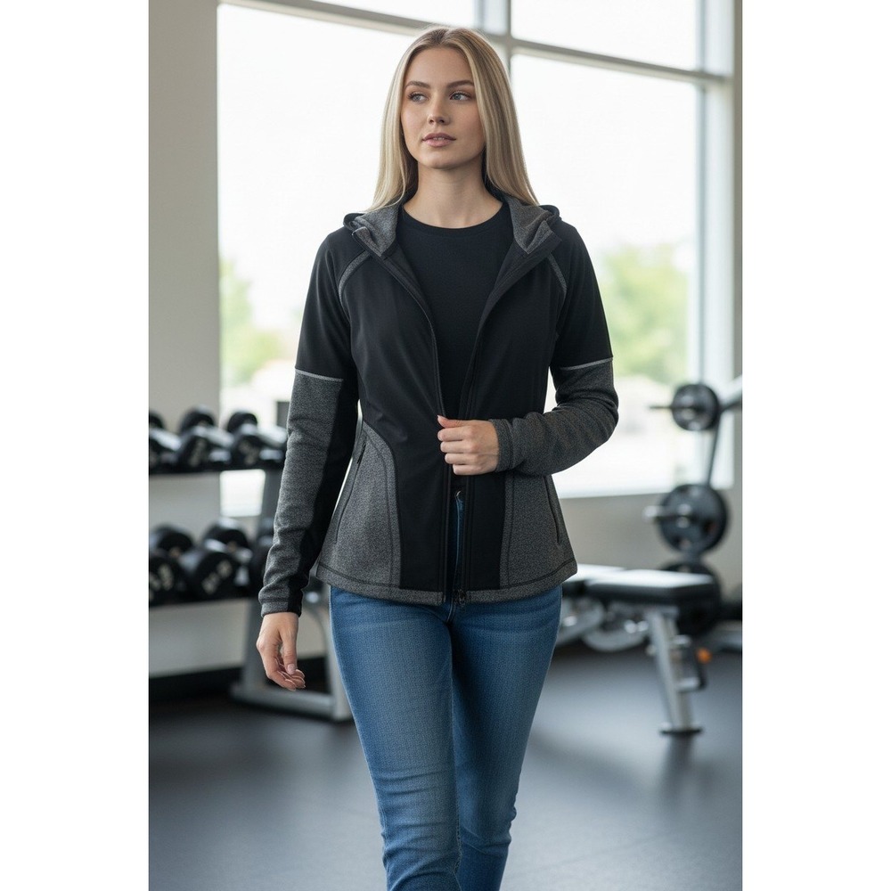Athleta Jacket Womens L Black Gray Full Zip Hooded Activewear Athletic
